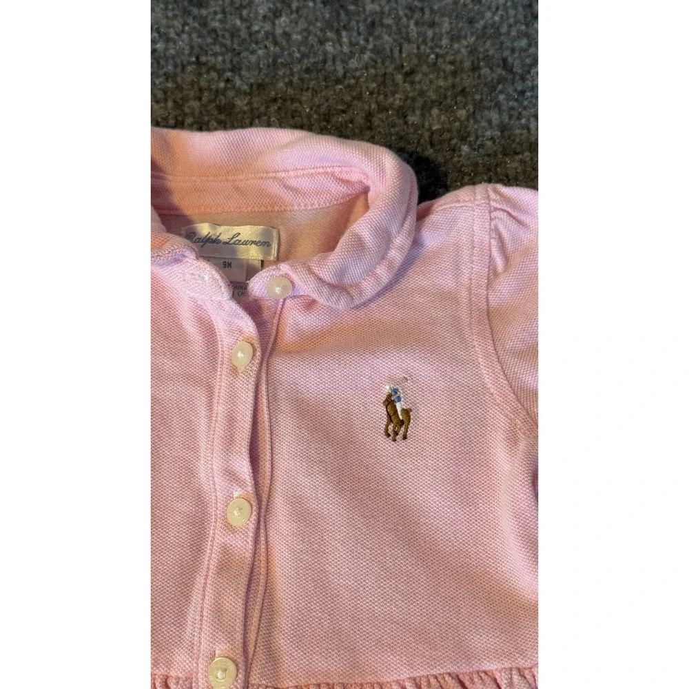 Ralph Lauren Baby Girls Pink Cotton Pique Polo Button Front Dress 9M Long Sleeve